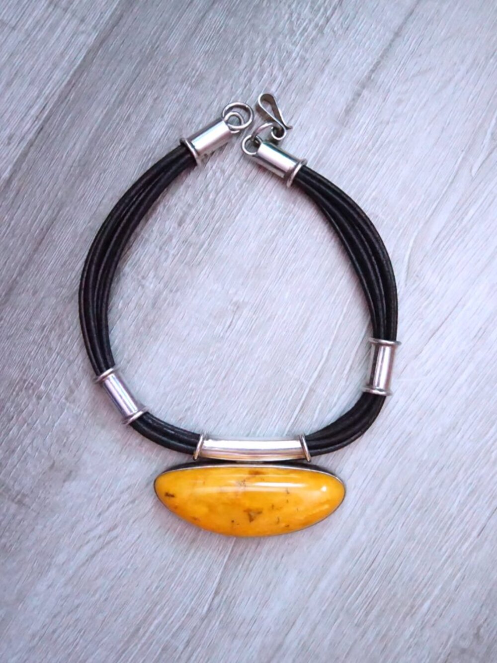Massive Egg Yolk Amber & Sterling Silver Leather Necklace by Gliwinski